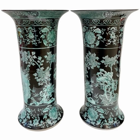 Pair Mid-20th Century Chinese Export Jet Black Green Porcelain Tall Roll Vases 