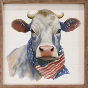 Patriotic Cow Blue Patch Face Wood Framed Print 