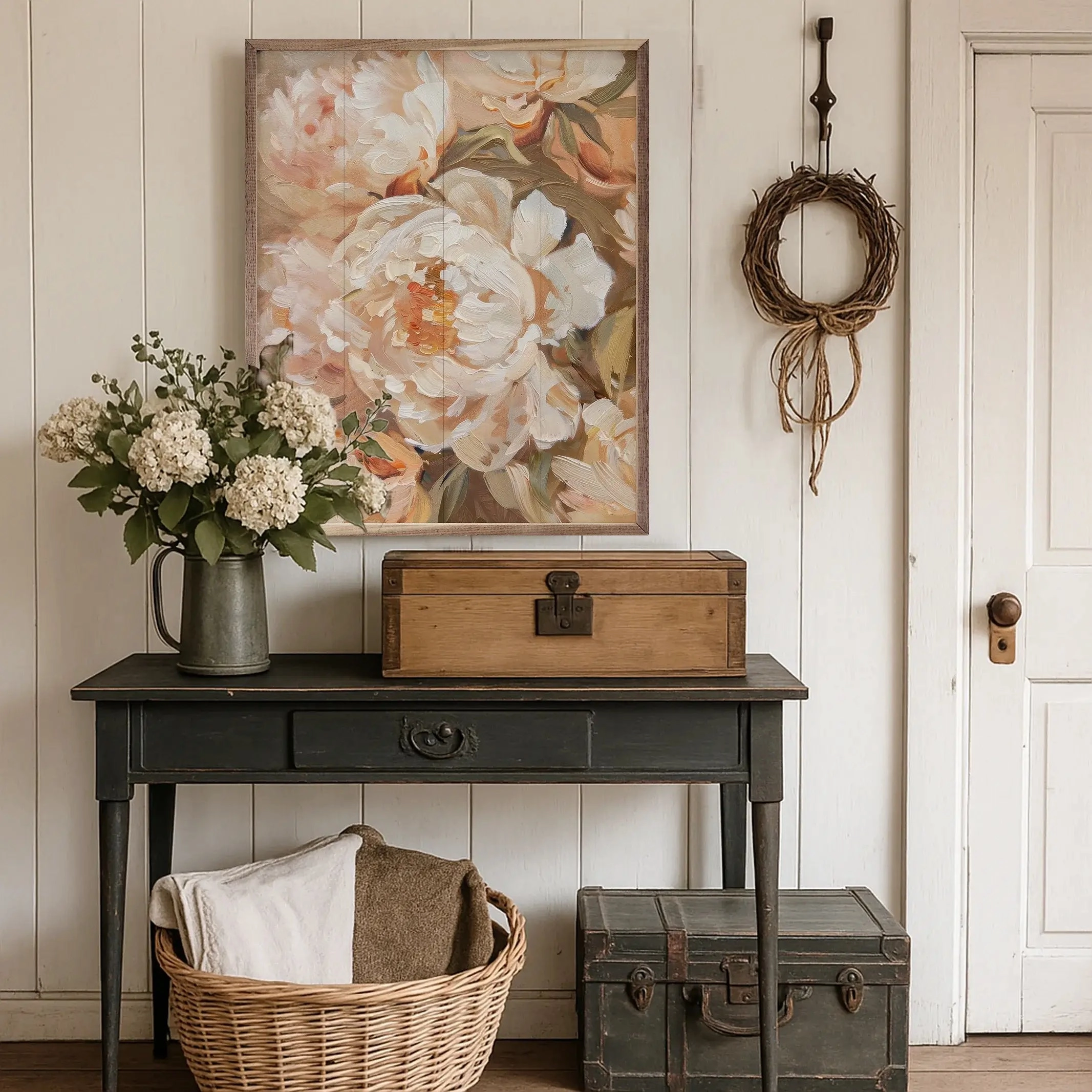 Peachy Peonies Wood Framed Print
