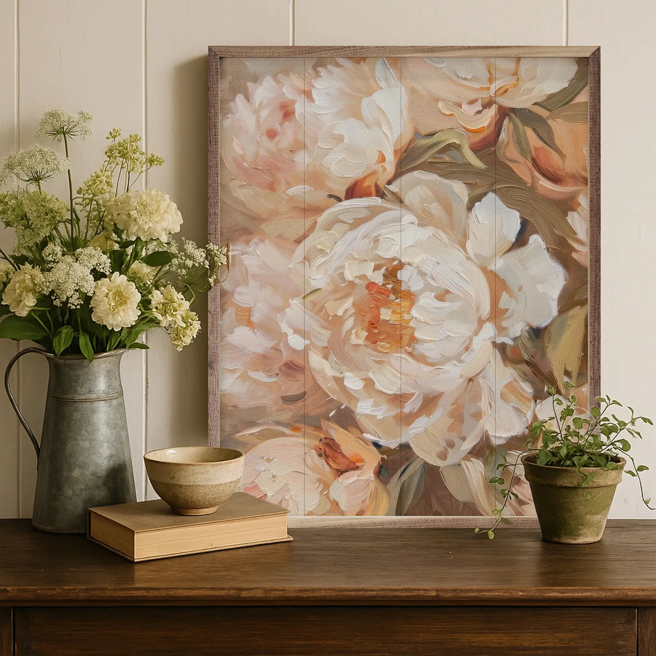 Peachy Peonies Wood Framed Print 