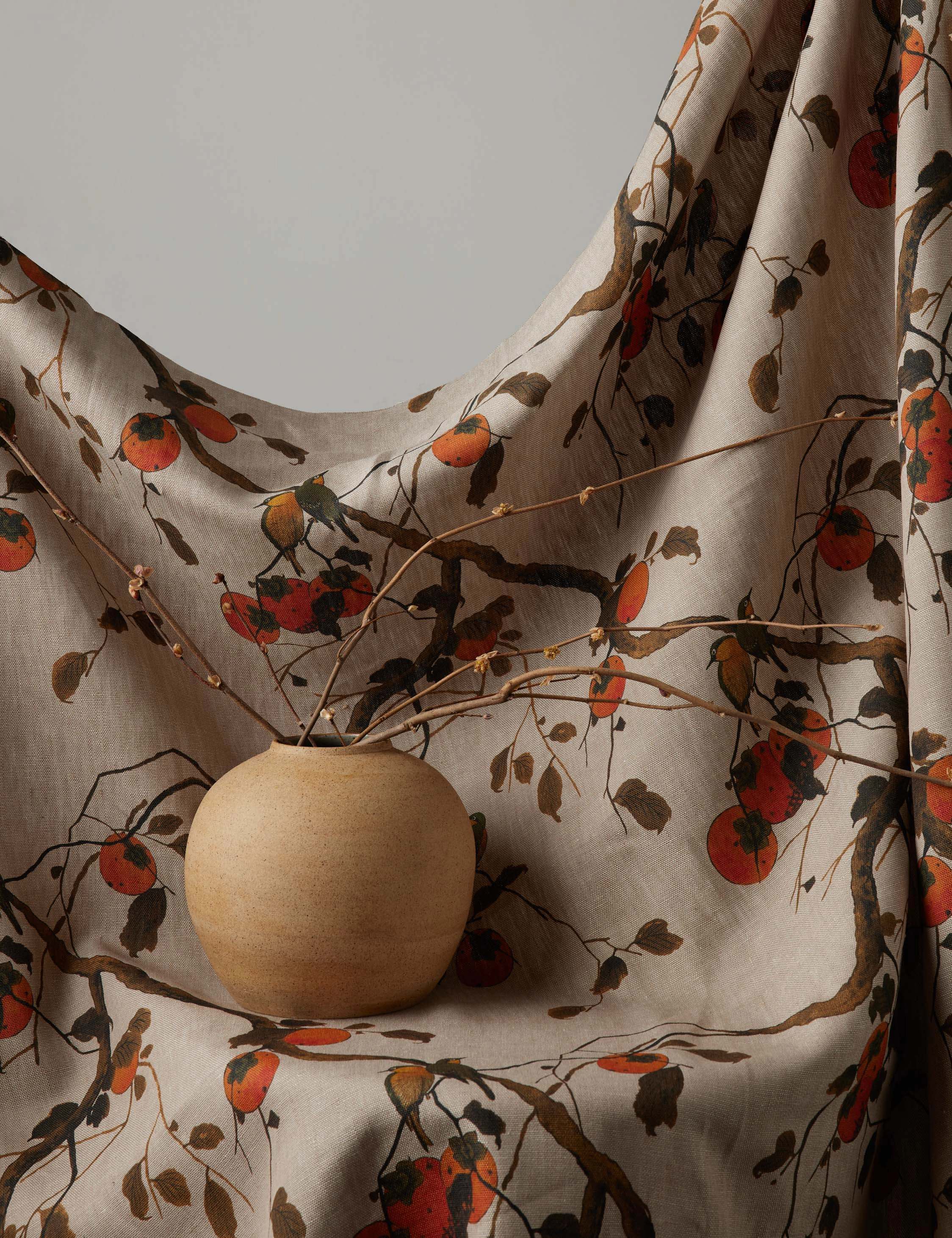 Persimmon Birds Flax Linen Fabric by Nathan Turner