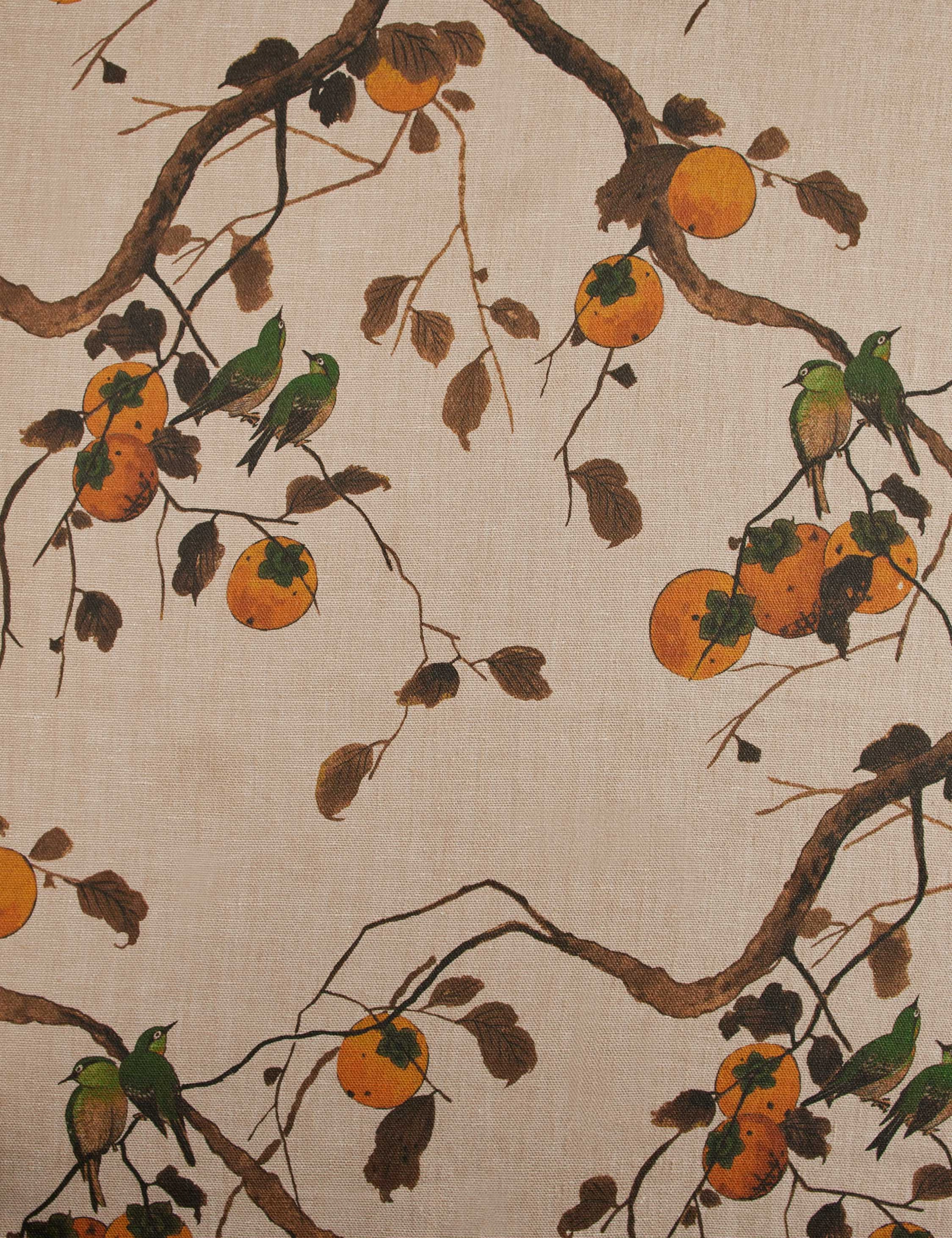 Persimmon Birds Flax Linen Fabric by Nathan Turner