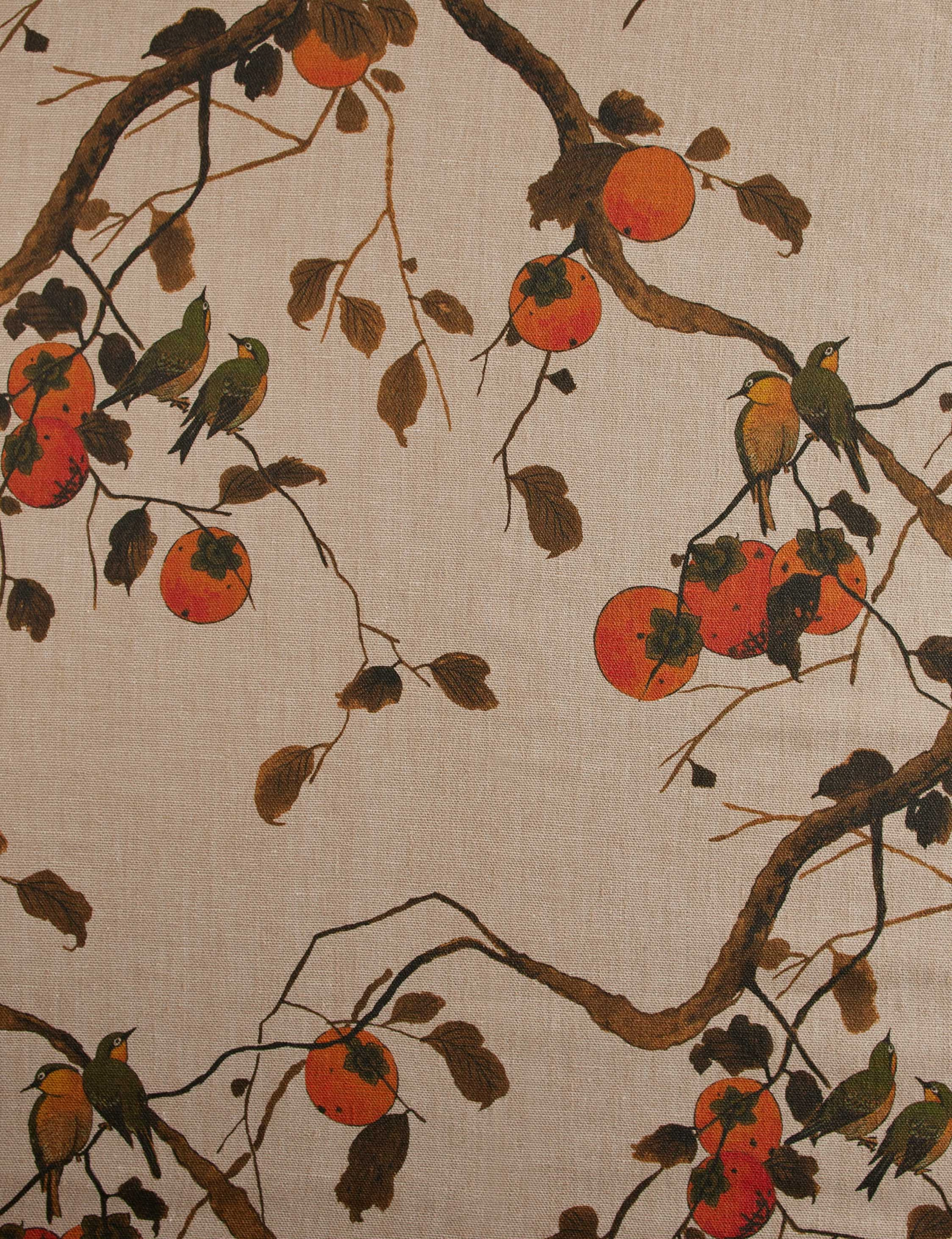 Persimmon Birds Flax Linen Fabric by Nathan Turner