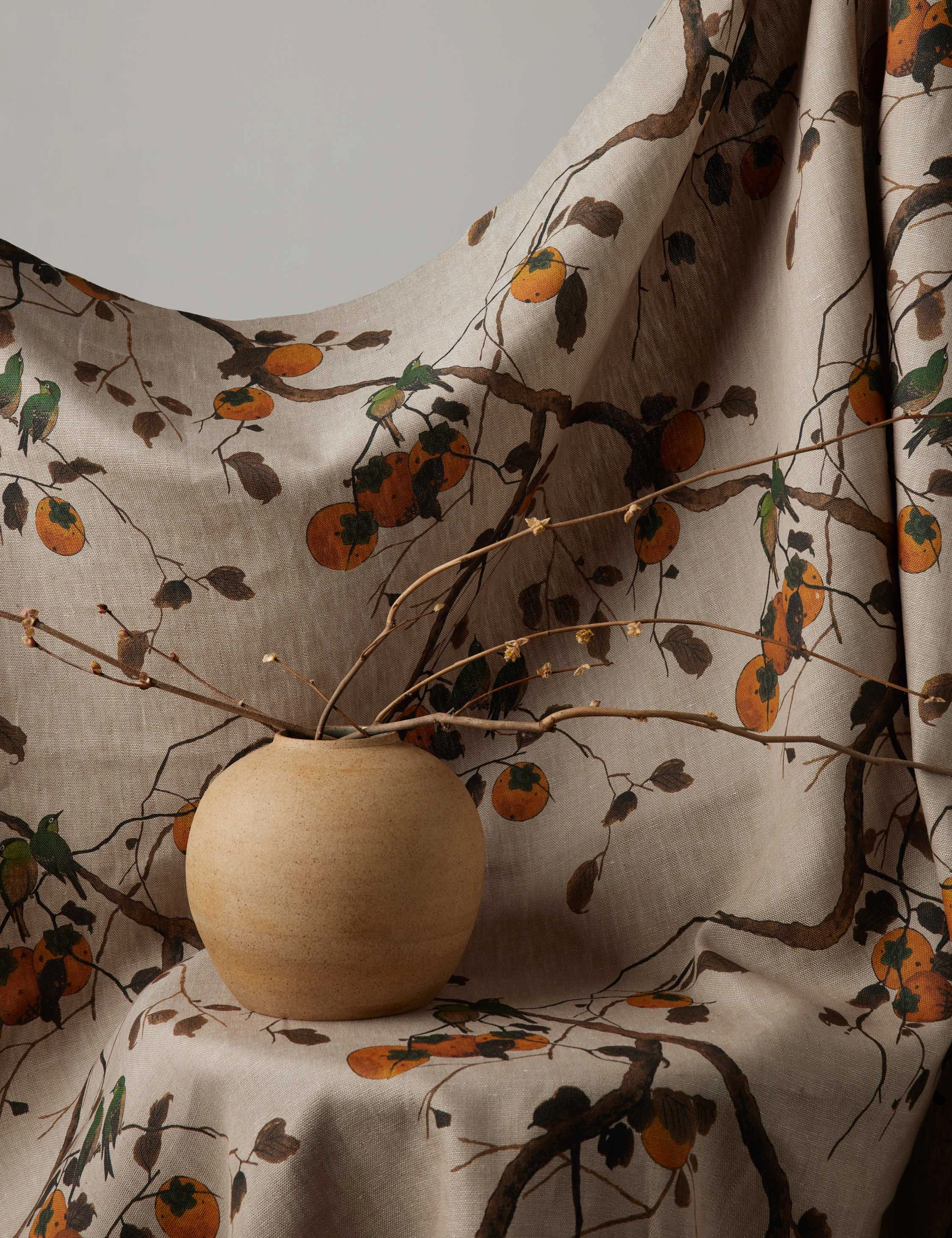 Persimmon Birds Flax Linen Fabric by Nathan Turner
