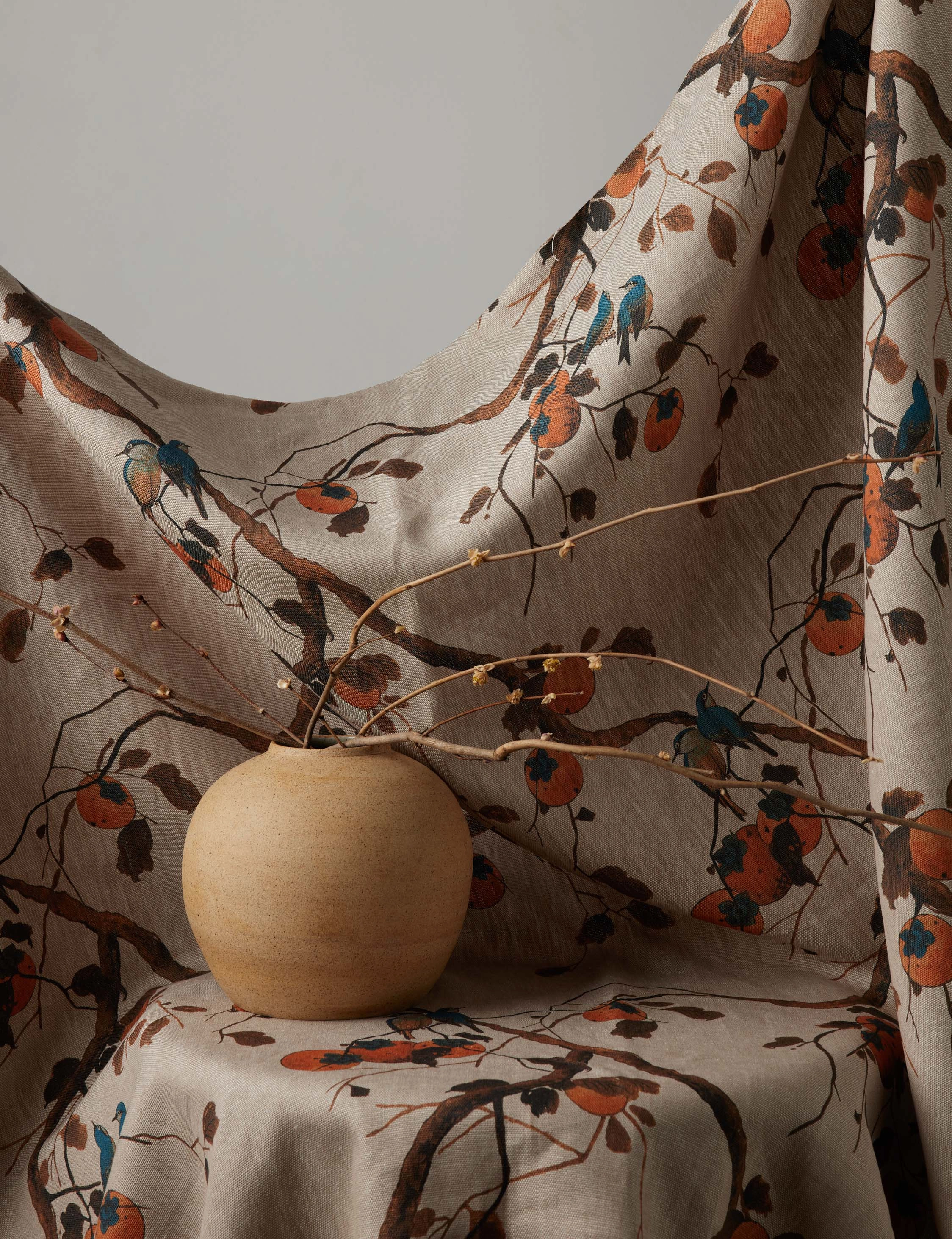 Persimmon Birds Flax Linen Fabric by Nathan Turner 