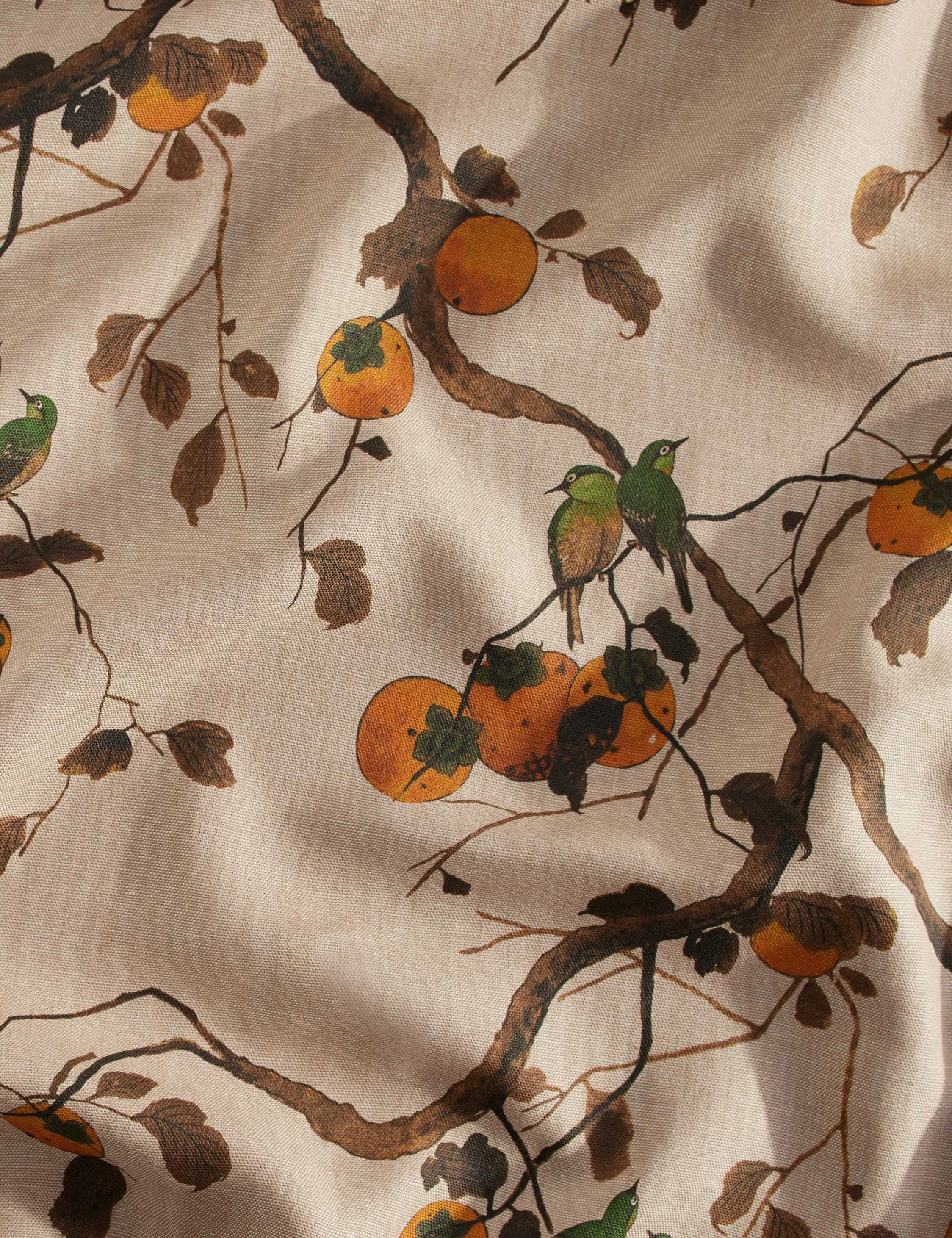 Persimmon Birds Flax Linen Fabric by Nathan Turner
