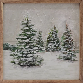 Pines In Snow Wood Framed Print 