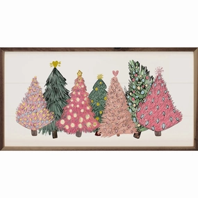 Pink And Green Christmas Trees Wood Framed Print 