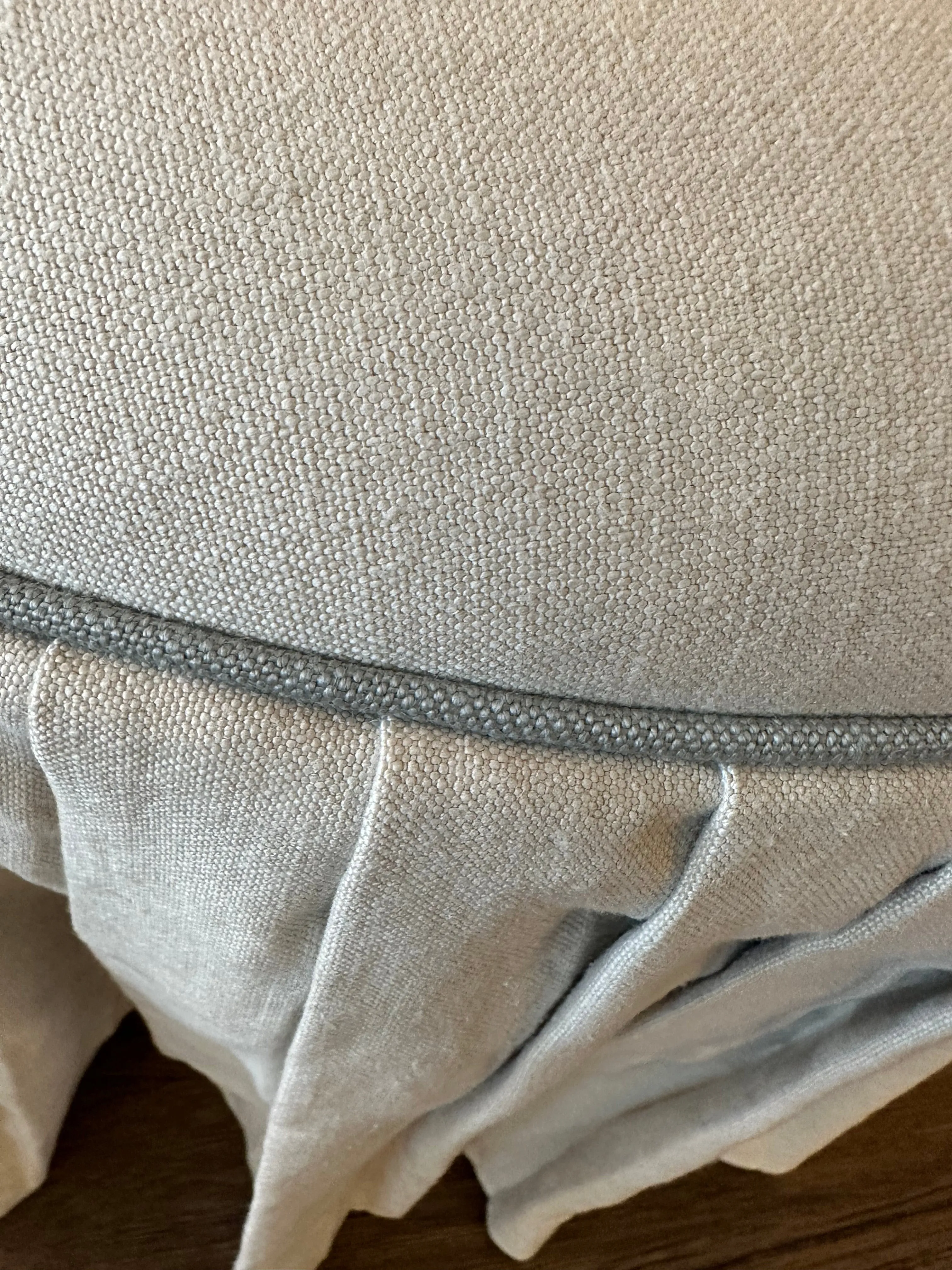 Pleated Ottoman Light Cream Fabric with Blue Piping Detail