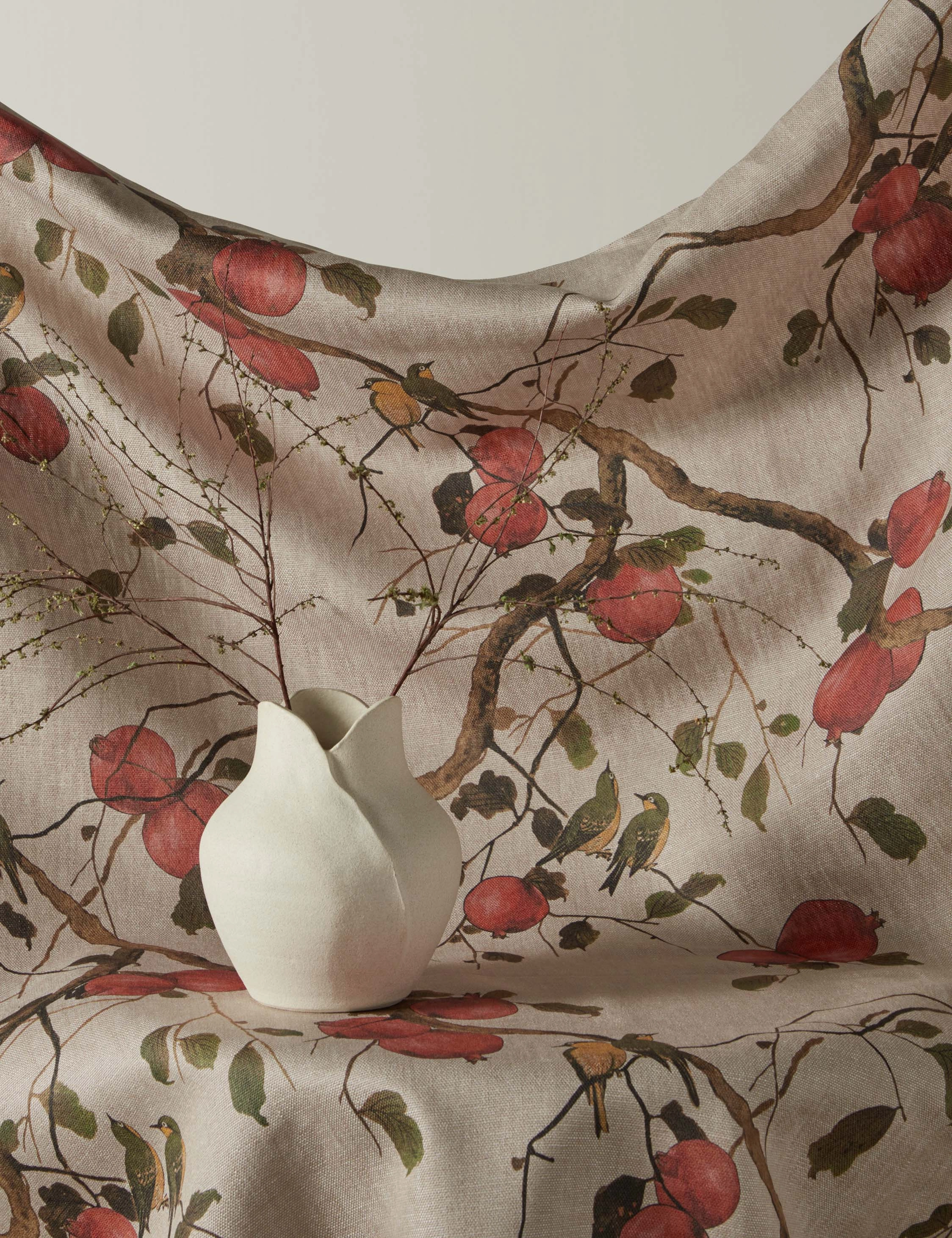 Pomegranate Birds Flax Linen Fabric by Nathan Turner 