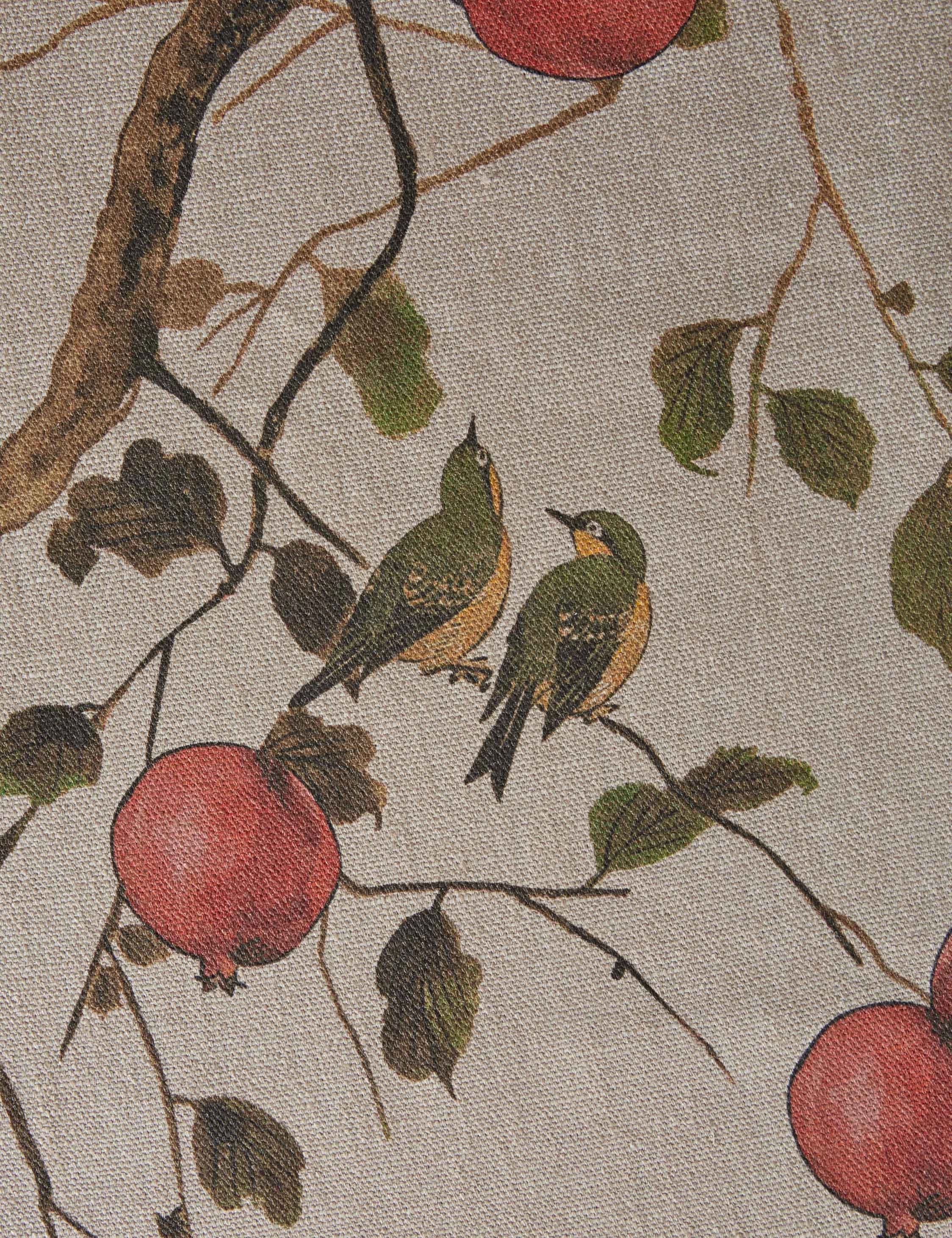 Pomegranate Birds Flax Linen Fabric by Nathan Turner