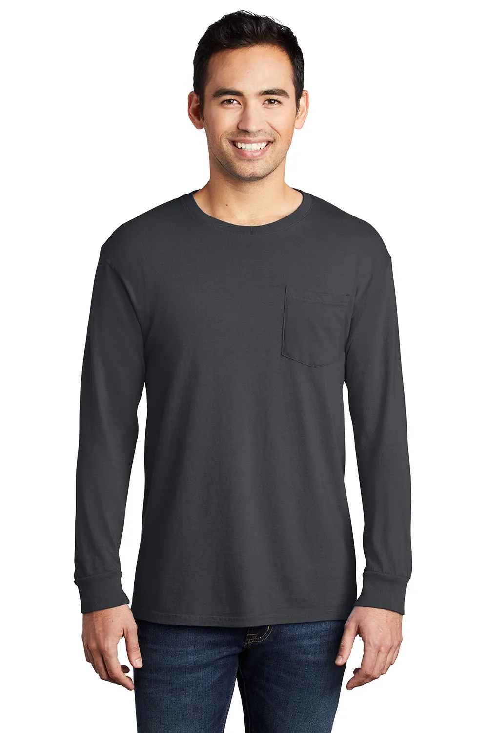 Port & Company Mens Beach Wash Long Sleeve Crewneck T-Shirt w/ Pocket - Coal Grey - Closeout  Buy the latest Clothing Port-Company