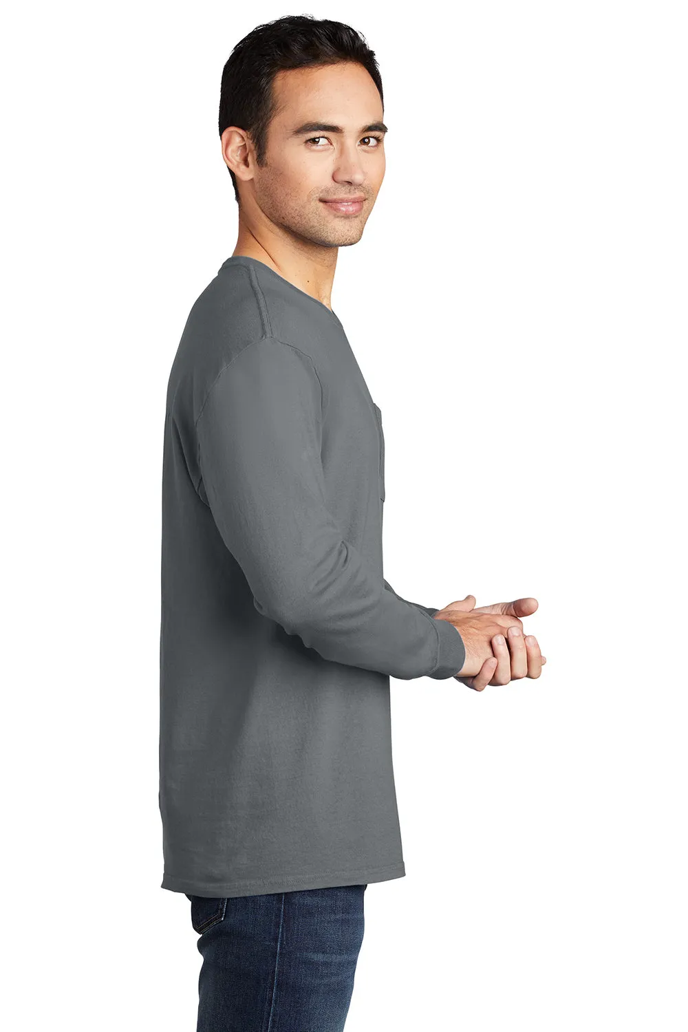 Port & Company Mens Beach Wash Long Sleeve Crewneck T-Shirt w/ Pocket - Pewter Grey - Closeout  Buy the latest Clothing Port-Company