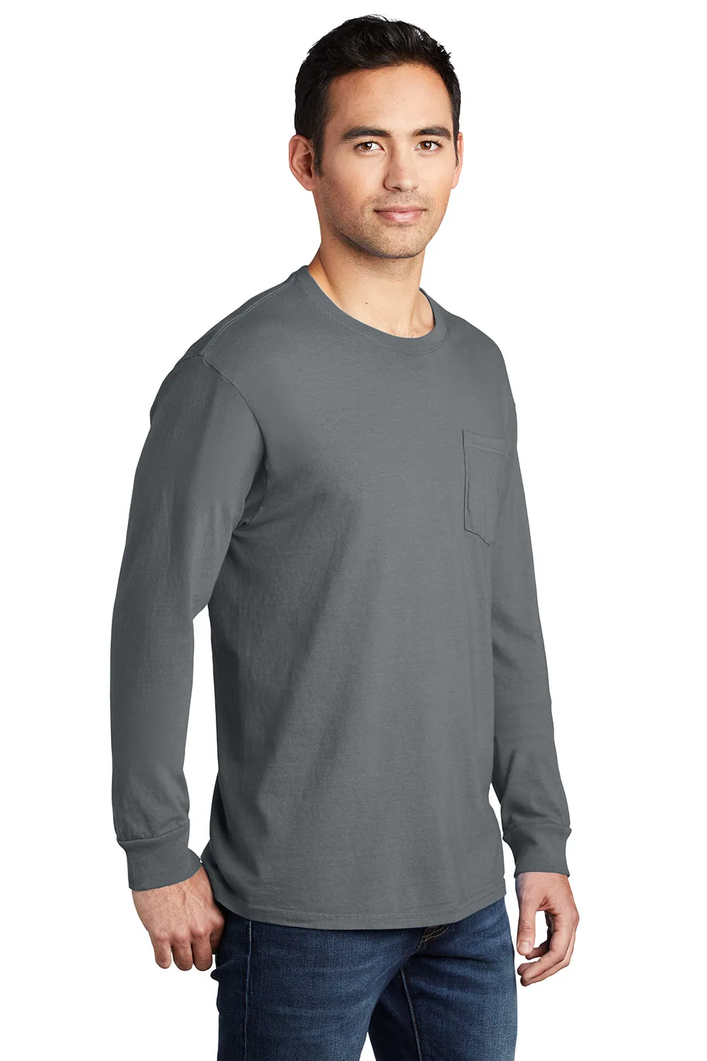 Port & Company Mens Beach Wash Long Sleeve Crewneck T-Shirt w/ Pocket - Pewter Grey - Closeout  Buy the latest Clothing Port-Company