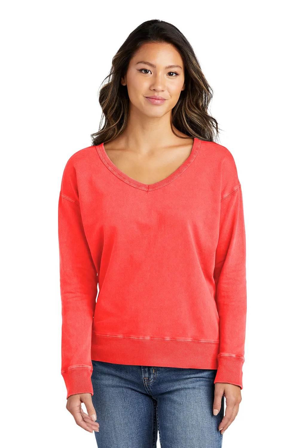 Port & Company Womens Beach Wash Garment Dyed V-Neck Sweatshirt - Poppy Red  Buy the latest Clothing Port-Company