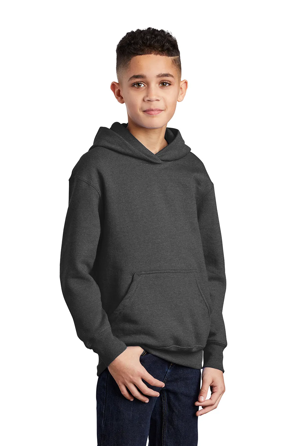 Port & Company Youth Core Pill Resistant Fleece Hooded Sweatshirt Hoodie w/ Pouch Pocket - Heather Dark Grey  Buy the latest Clothing Port-Company