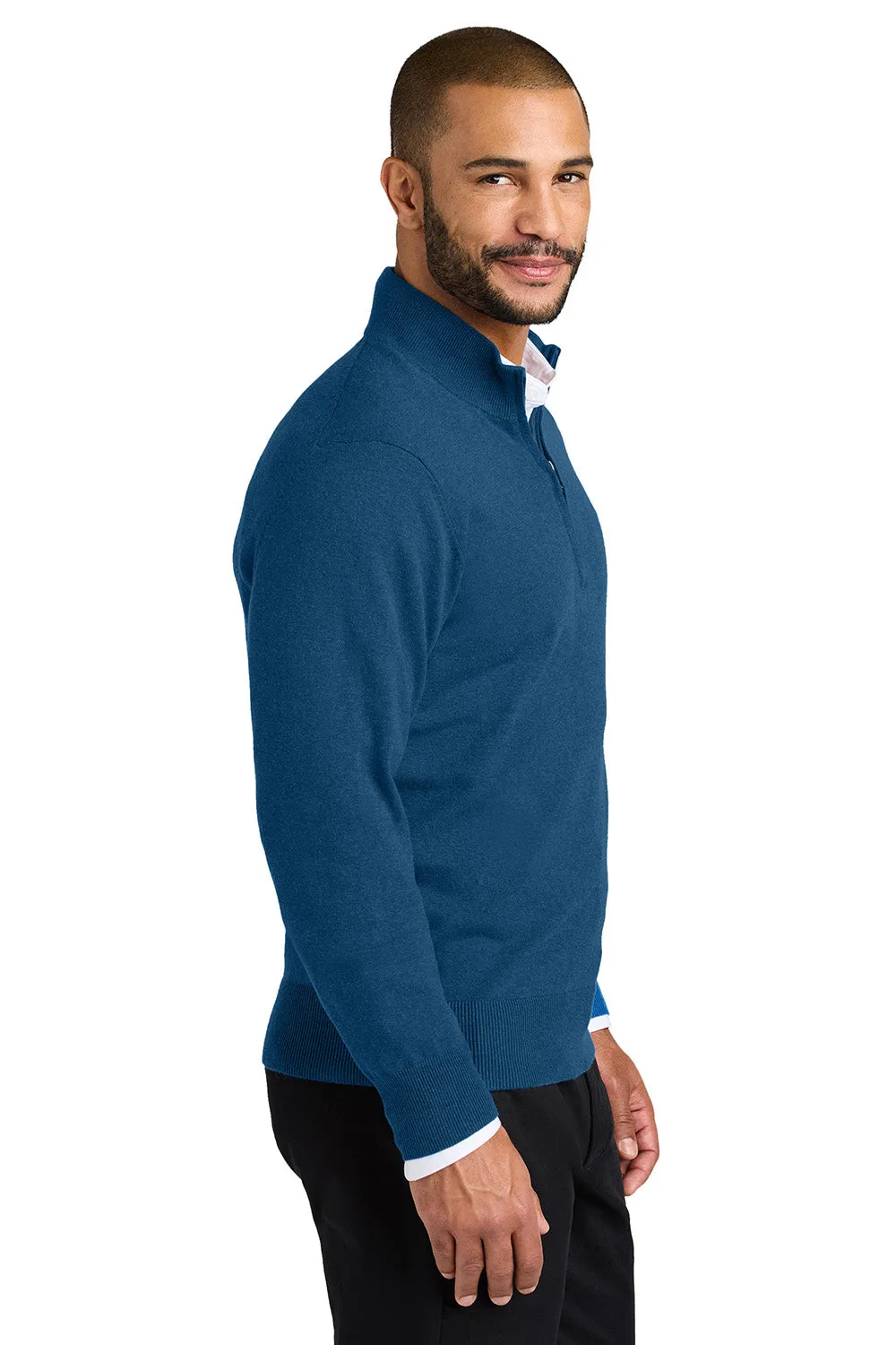 Port Authority Mens Easy Care Long Sleeve 1/4 Zip Sweater - Heather Aegean Blue  Premium quality Clothing Port-Authority
