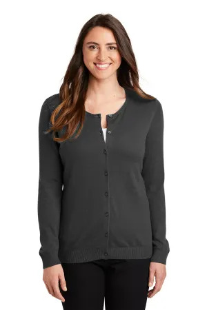 Port Authority Womens Long Sleeve Cardigan Sweater - Heather Charcoal Grey - Closeout  Premium quality Clothing Port-Authority