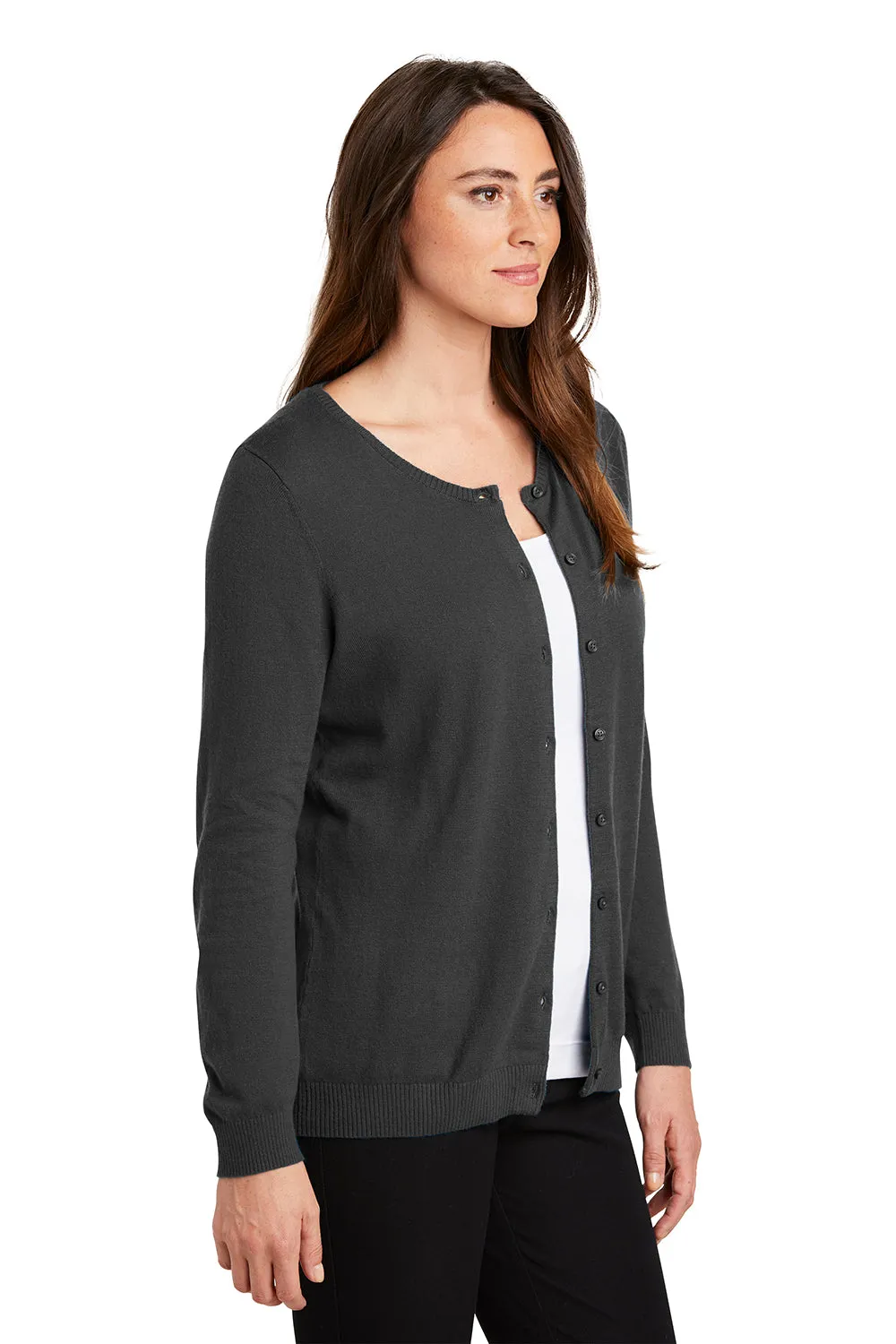 Port Authority Womens Long Sleeve Cardigan Sweater - Heather Charcoal Grey - Closeout  Premium quality Clothing Port-Authority