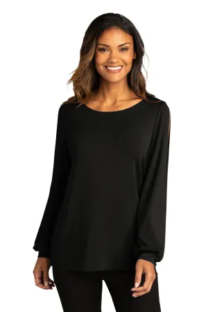 Port Authority Womens Luxe Knit Long Sleeve Wide Neck T-Shirt - Deep Black - Closeout  Premium quality Clothing Port-Authority