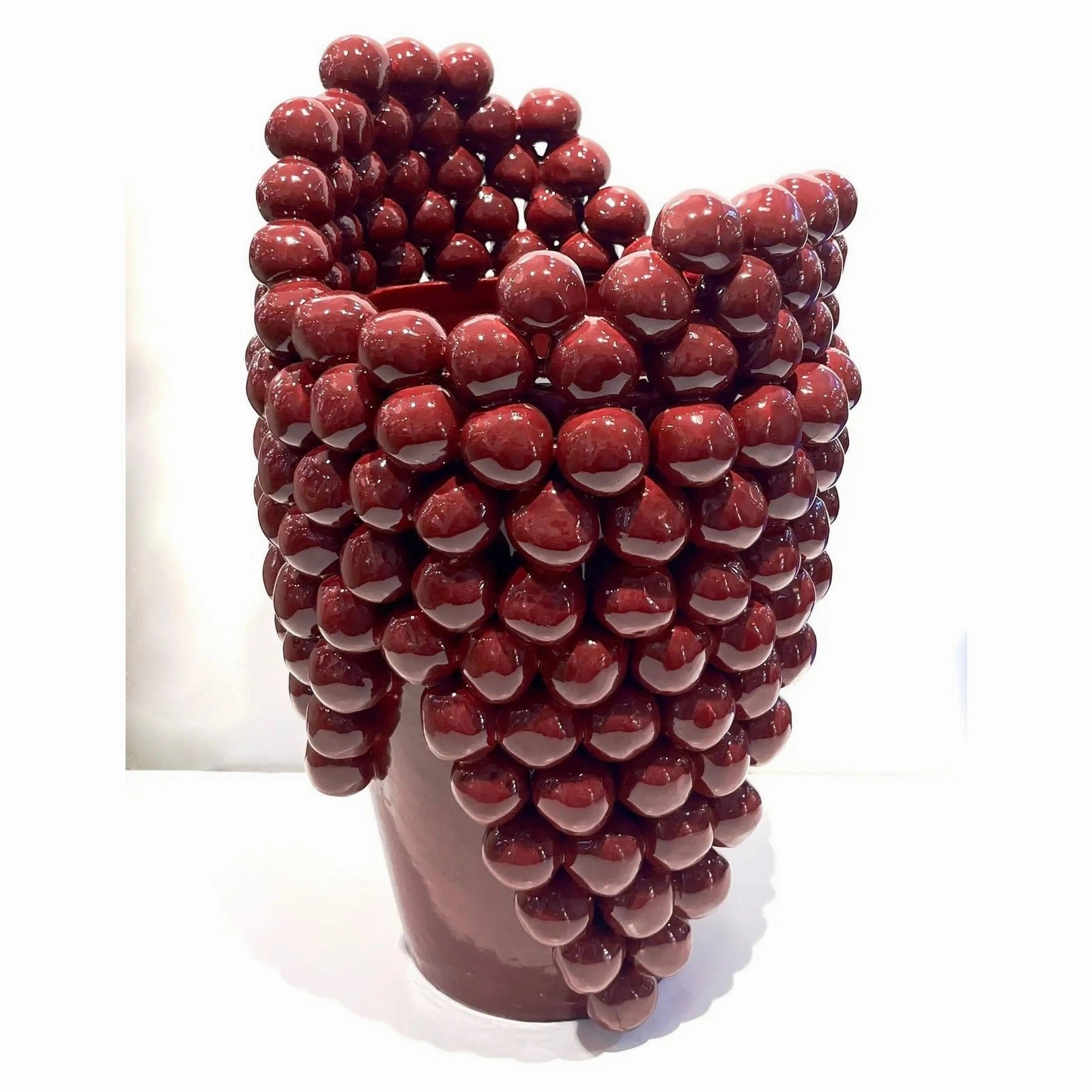 Post-Modern Italian Pair Sculptural Ceramic Dark Wine Vaseswith Grapevine Decor