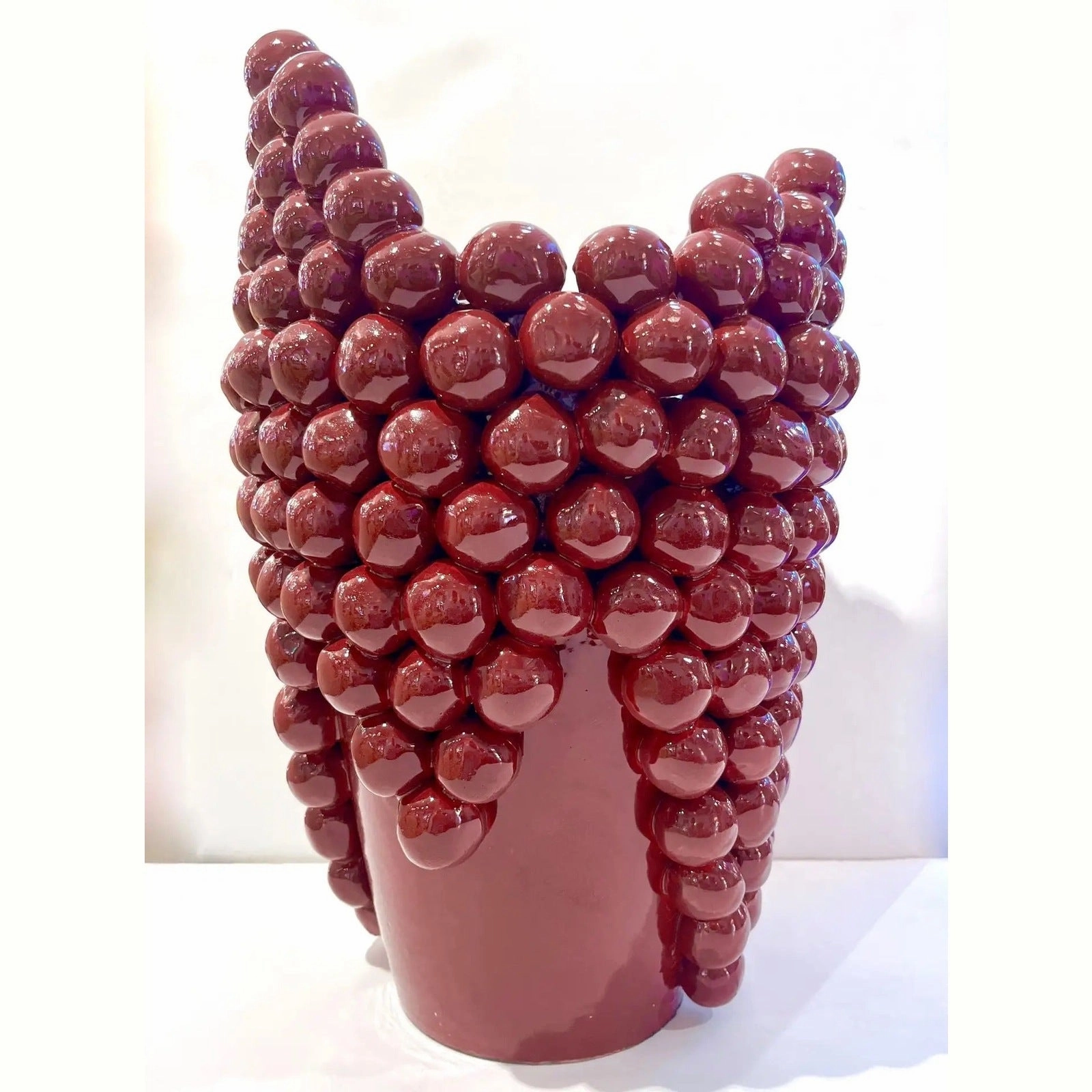 Post-Modern Italian Pair Sculptural Ceramic Dark Wine Vaseswith Grapevine Decor