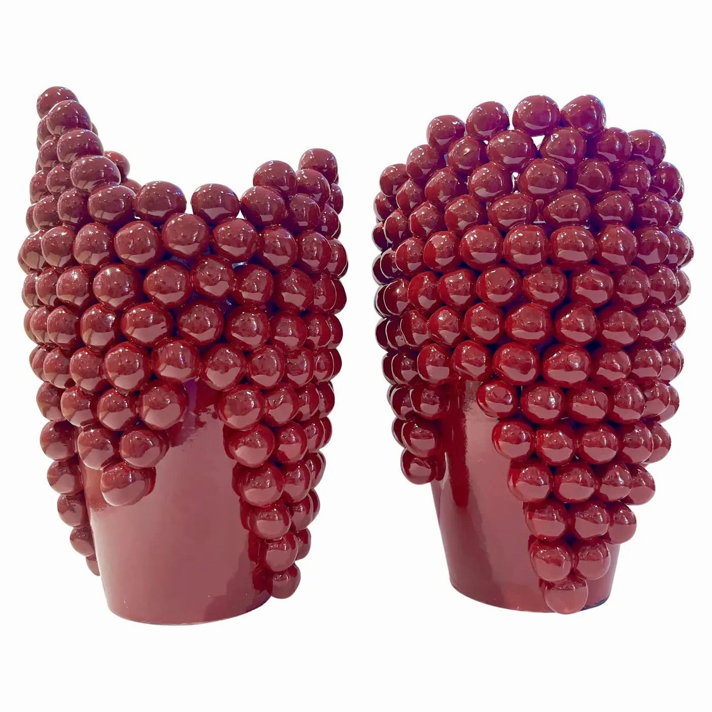 Post-Modern Italian Pair Sculptural Ceramic Dark Wine Vaseswith Grapevine Decor 