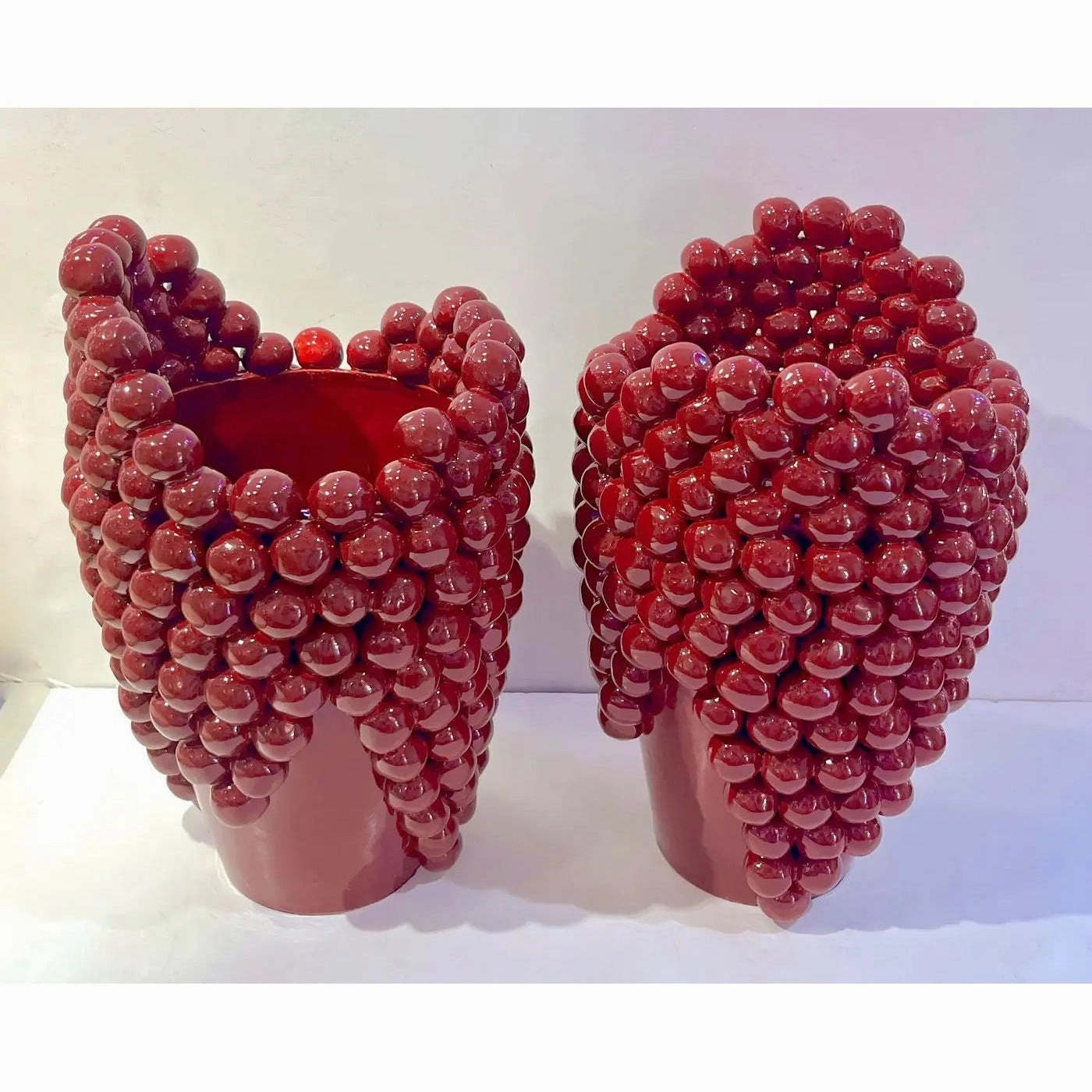 Post-Modern Italian Pair Sculptural Ceramic Dark Wine Vaseswith Grapevine Decor