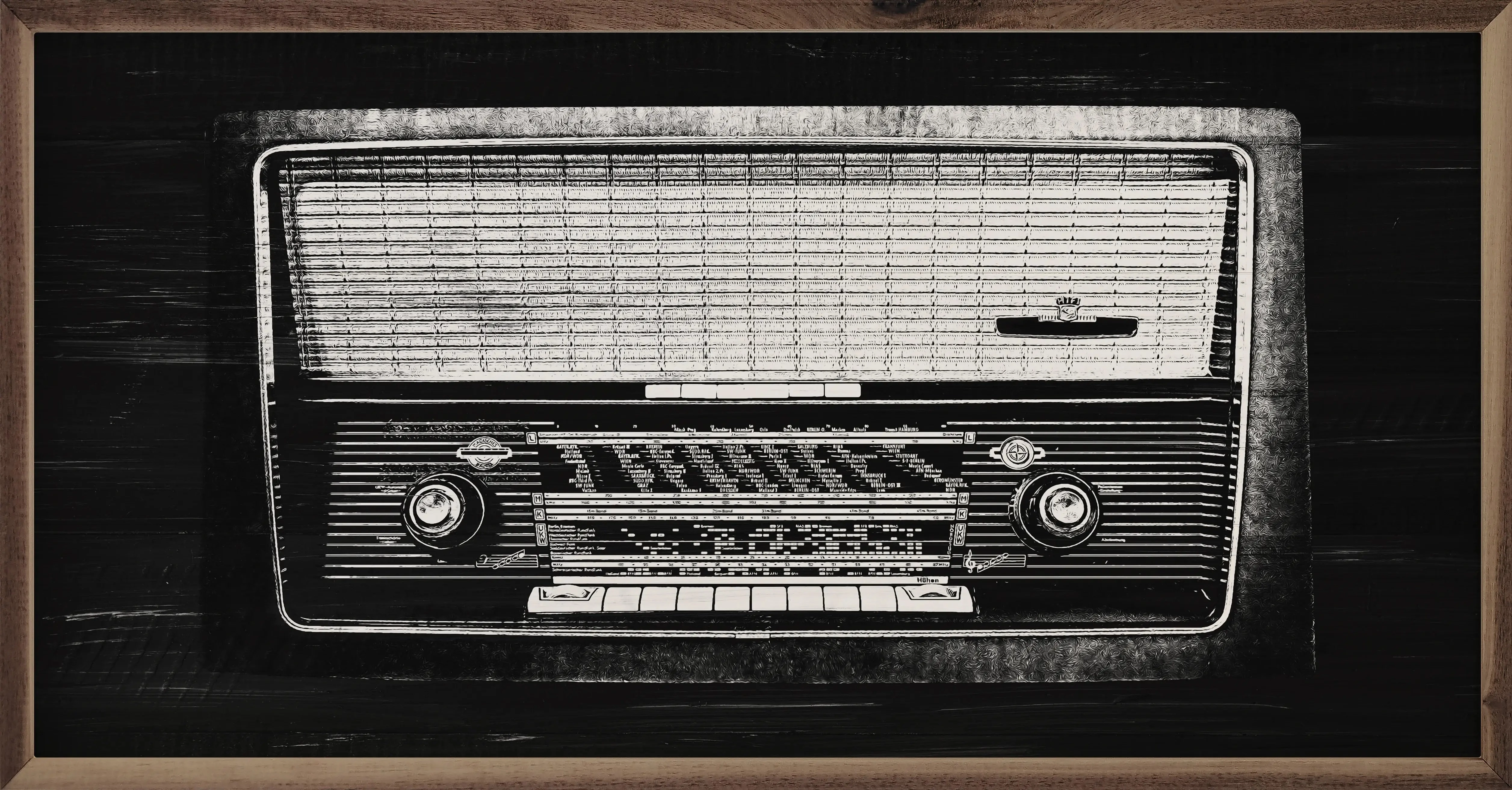 Radio In Black & White Wood Framed Print