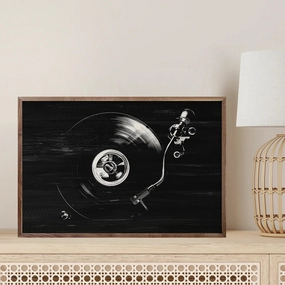 Record Player In Black & White Wood Framed Print 