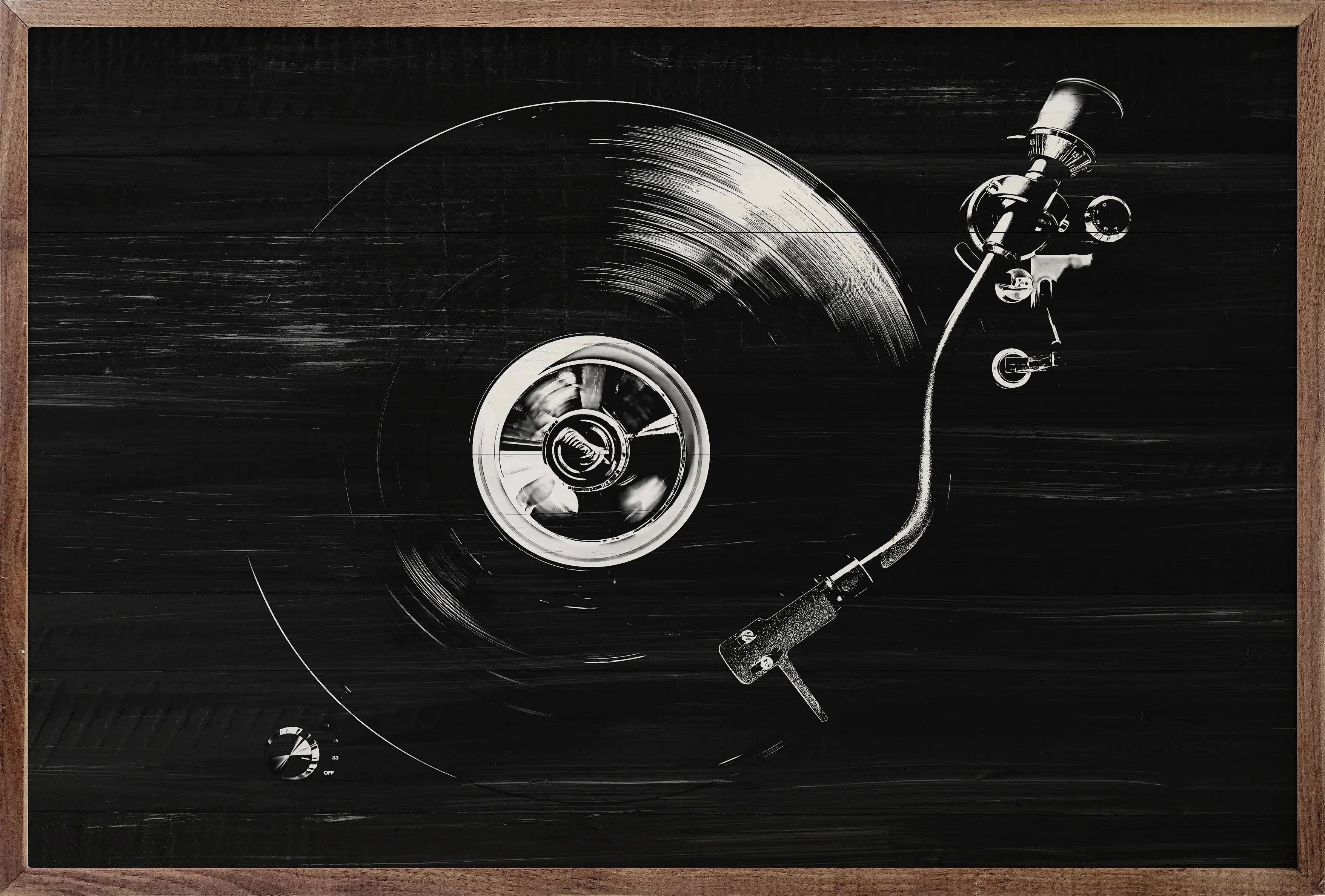 Record Player In Black & White Wood Framed Print