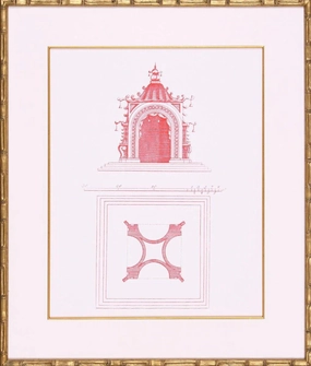 Red Pagoda Architectural Lithograph Wall Art in Gold Frame 
