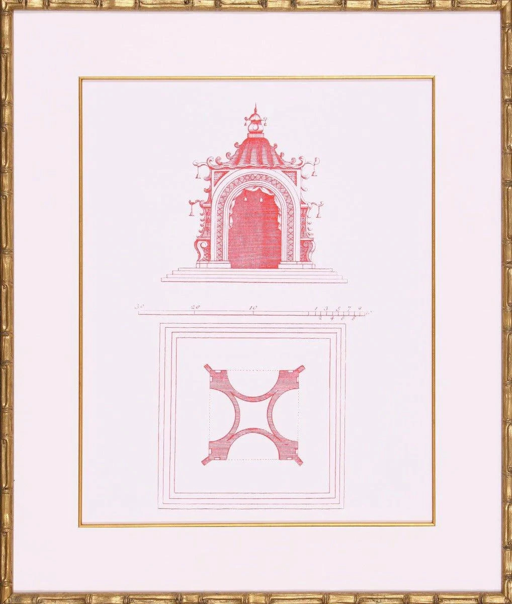 Red Pagoda Architectural Lithograph Wall Art in Gold Frame 