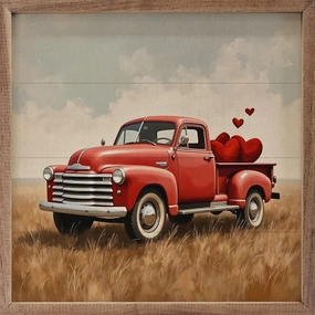 Red Valentine's Day Truck Hearts Wood Framed Print 