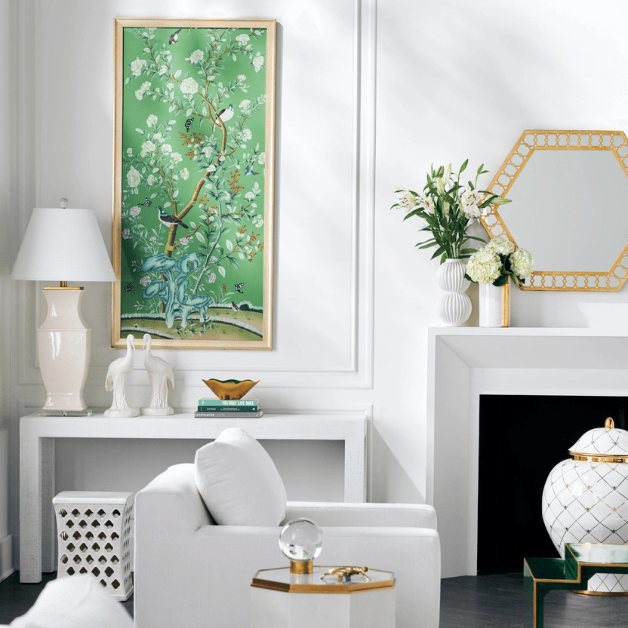 Regent Park In Green II Chinoiserie Panel Framed Wall Art With Birds and Flowers