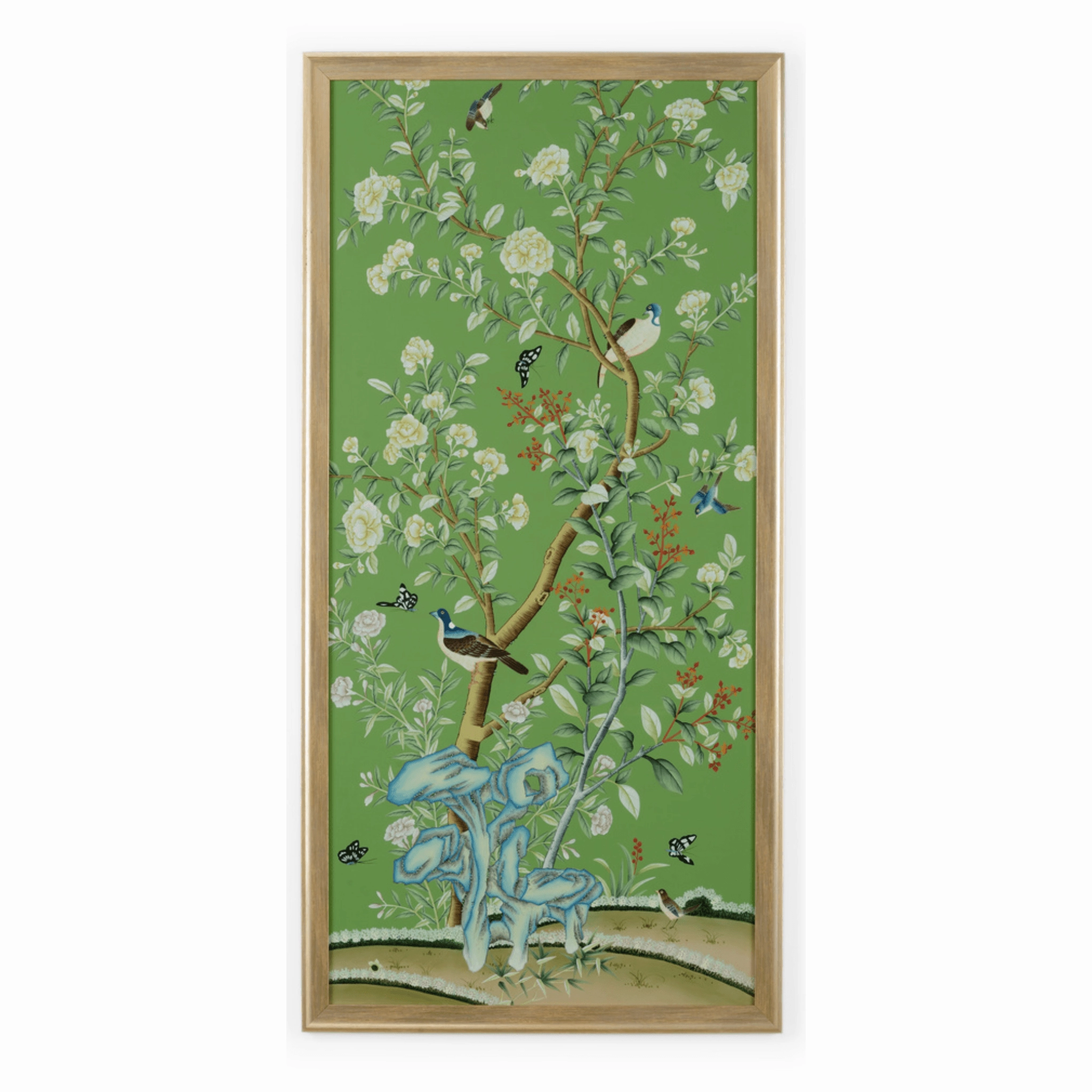 Regent Park In Green II Chinoiserie Panel Framed Wall Art With Birds and Flowers 