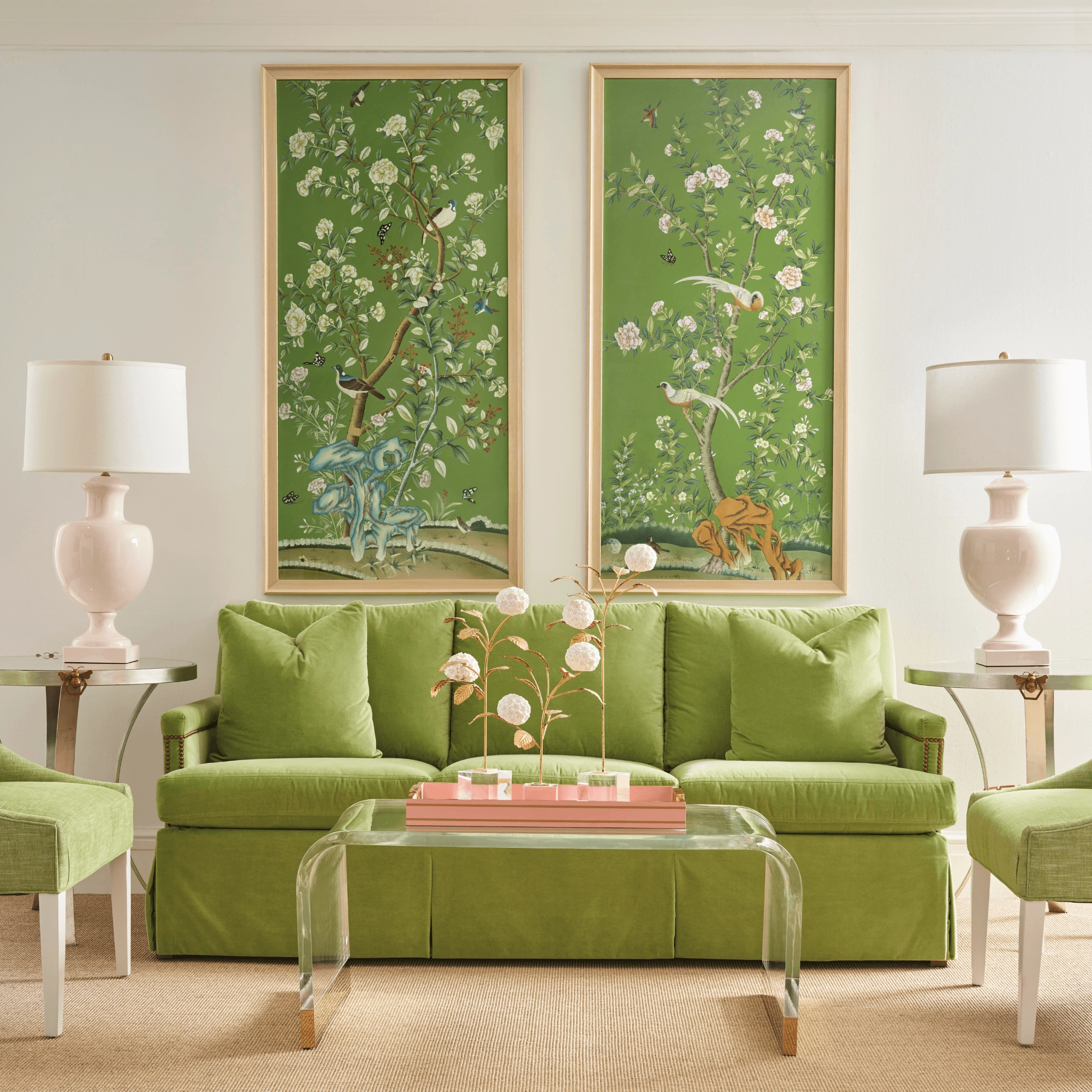 Regent Park In Green II Chinoiserie Panel Framed Wall Art With Birds and Flowers