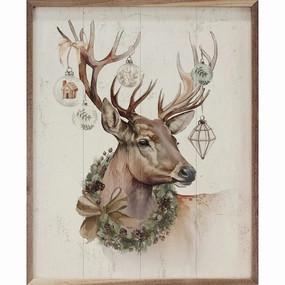 Reindeer With Ornaments & Wreath Wood Framed Print 