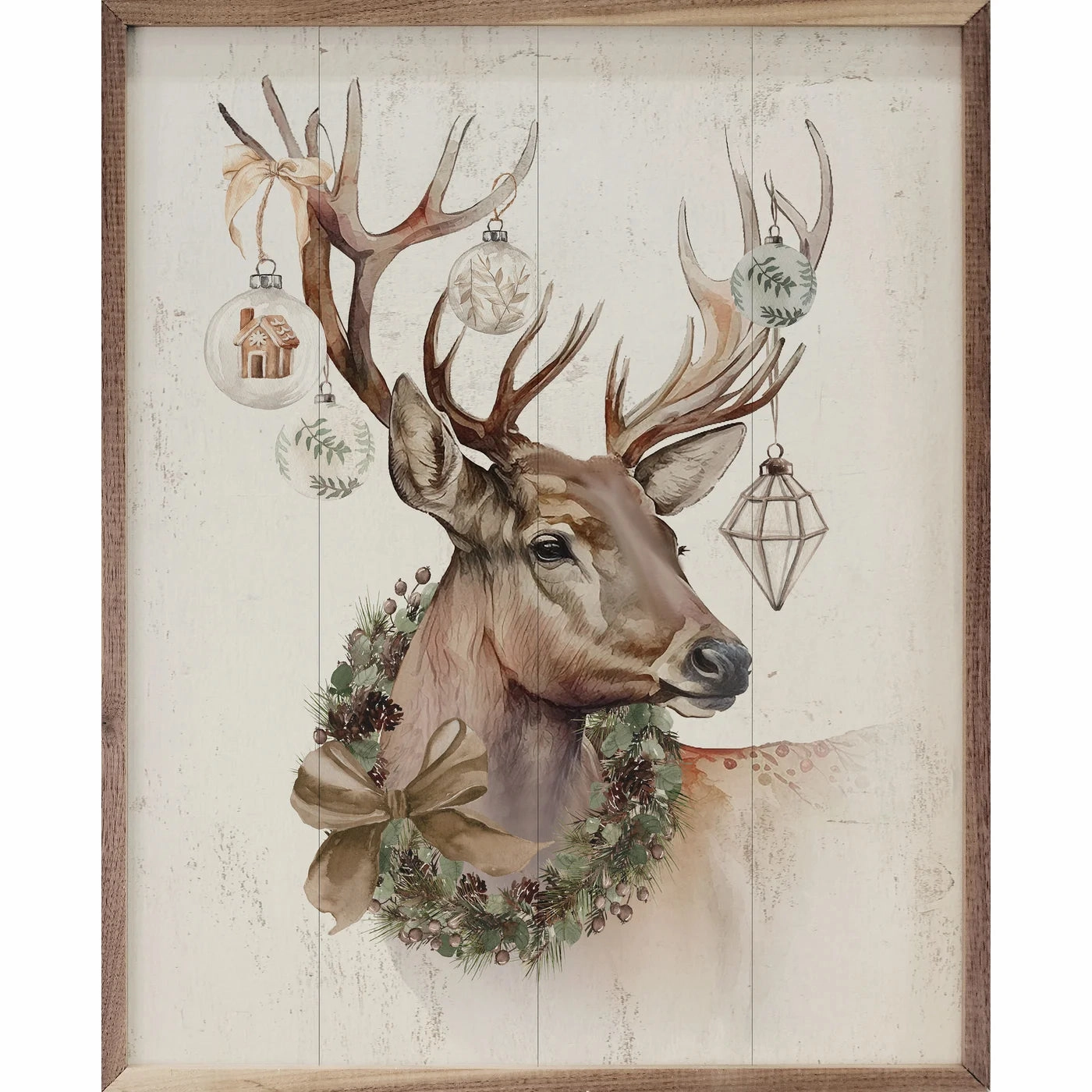 Reindeer With Ornaments & Wreath Wood Framed Print 