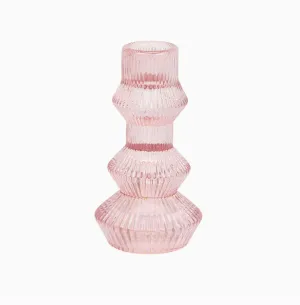 Ribbed Pink Glass Candlestick Holder 