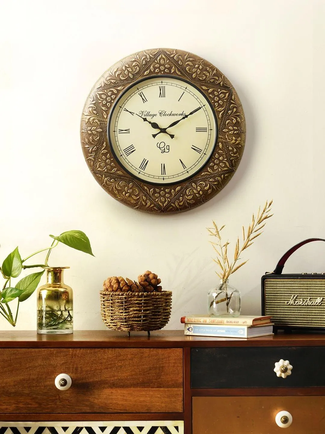 Round Embossed Brass 18 Inches Wall Clock 