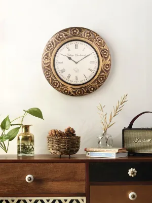 Round Flower Embossed Brass 16 Inches Wall Clock 