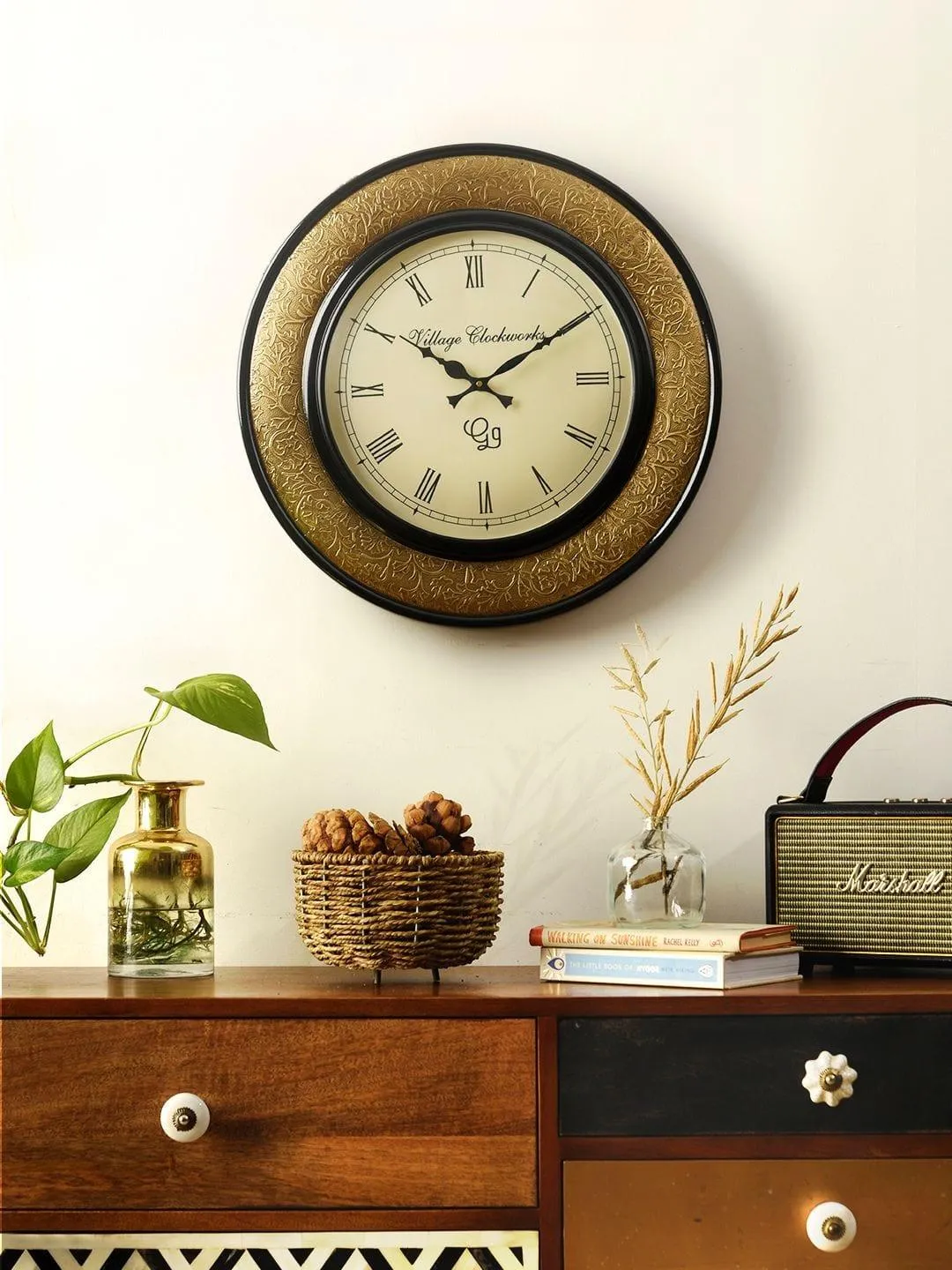 Round Polish with Metal Brass 18 Inches Wall Clock 