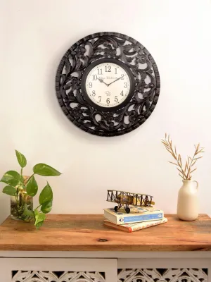 Round Wooden Flower Carving 18 Inches Wall Clock 