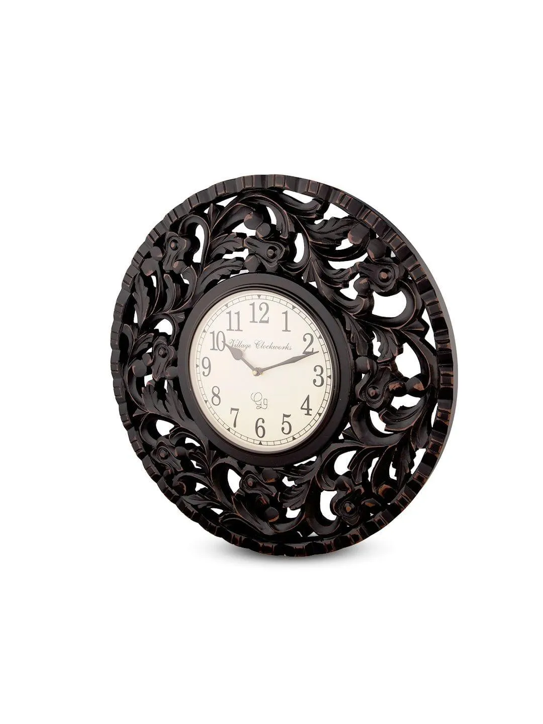 Round Wooden Flower Carving 18 Inches Wall Clock