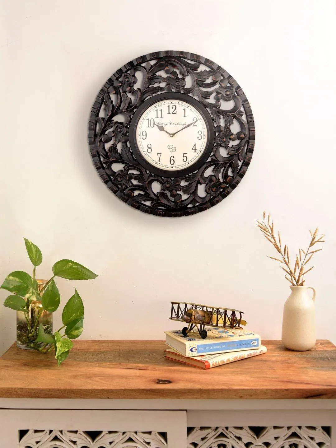 Round Wooden Flower Carving 18 Inches Wall Clock 