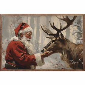 Santa Claus With Reindeer Wood Framed Print 