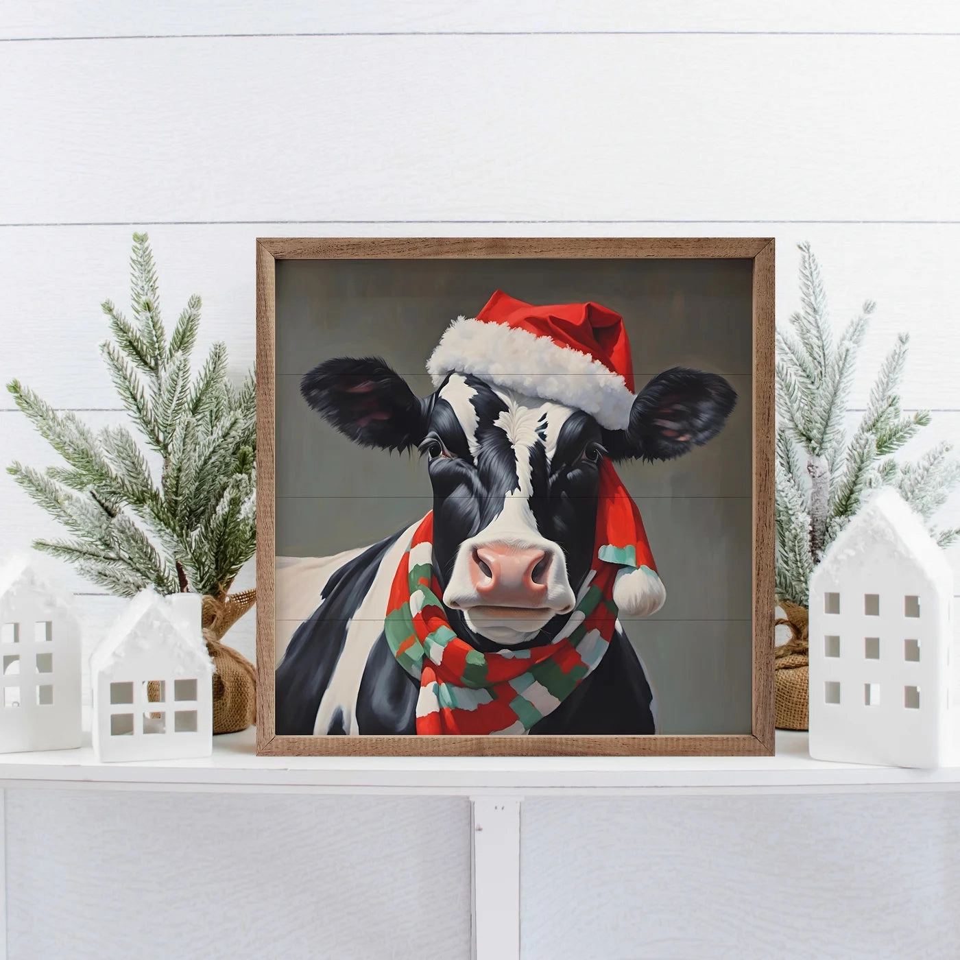 Santa Dairy Cow With Hat And Scarf Wood Framed Print 