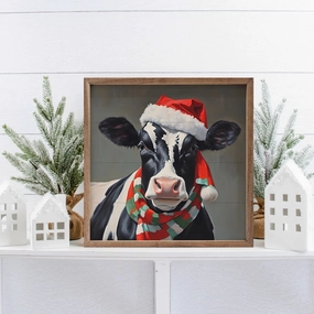 Santa Dairy Cow With Hat And Scarf Wood Framed Print 