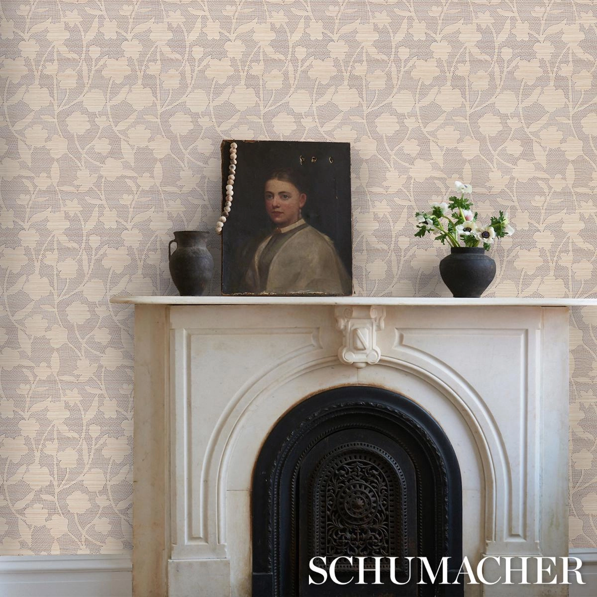 Schumacher Kantha Embroidered Flower Sisal Wallpaper 